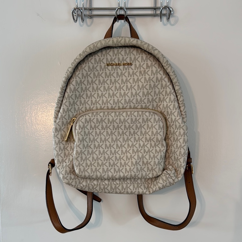 Michael Kors Cream Monogram Backpack with Brown Straps